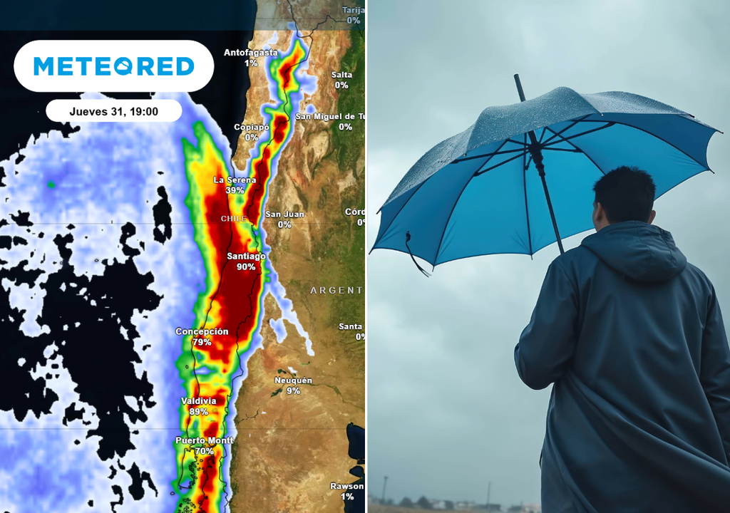 El modelo ECMWF prevé con un 90% de probabilidad la ocurrencia de lluvias en Santiago durante la tarde noche del jueves.