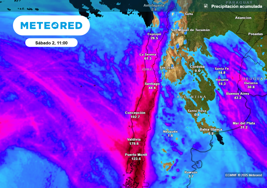 Entre jueves y sábado el modelo ECMWF proyecta montos superiores a los 40 mm en Santiago, sin embargo, esto se confirmará en la medida que nos acerquemos a la fecha.