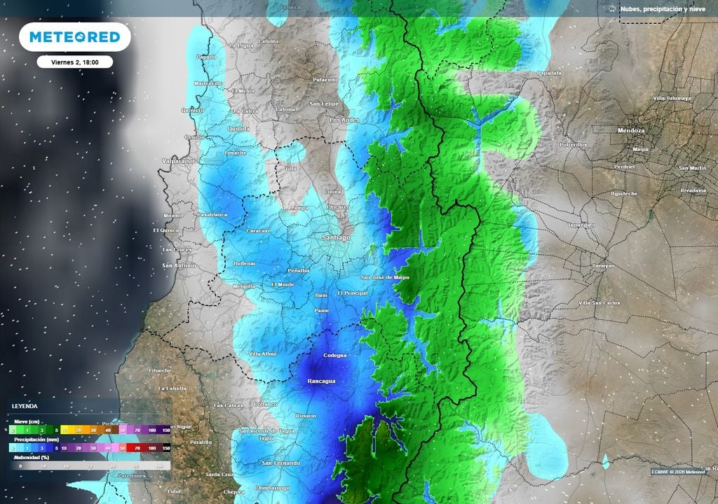mapa de lluvia y nieve. El frente dejará lluvias este viernes en la zona central, con mayores acumulados hacia la precordillera y cordillera.