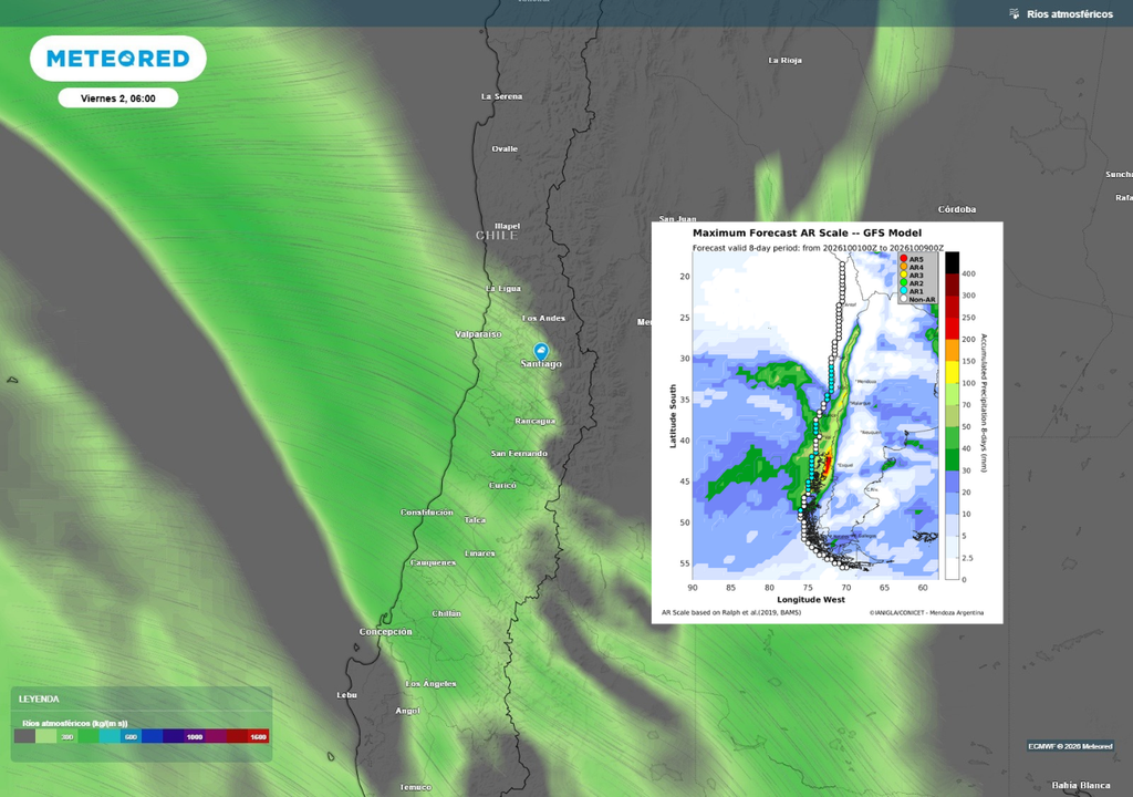 Un río atmosférico aportará humedad al sistema frontal durante el viernes, favoreciendo las precipitaciones en la zona central y Región Metropolitana.