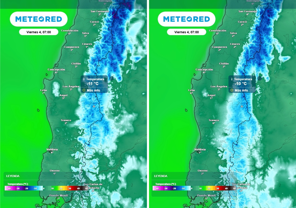 Viento Puelche, helada matinal y lluvia para el fin de semana en Chile centro-sur. Temperatura mínima (°C) para el viernes (04) en Chile centro-sur. Pronóstico del ECMWF (imagen izquierda) y del GFS (imagen derecha).