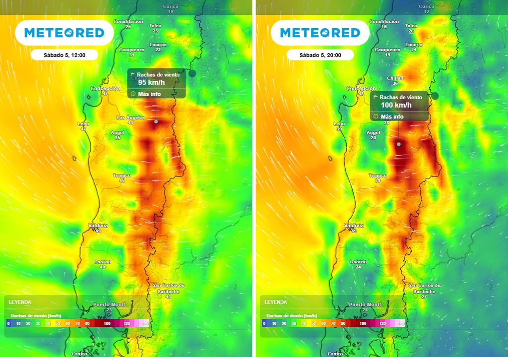 Viento Puelche, helada matinal y lluvia para el fin de semana en Chile centro-sur. Rachas de viento (km/h) para el mediodía (imagen izquierda) y la noche (imagen derecha) del sábado (05) en Chile centro-sur.