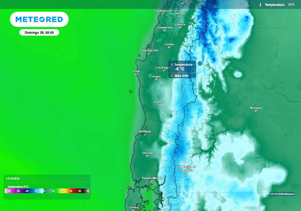 Temperatura mínima (°C) para el domingo (28) en Chile centro-sur.