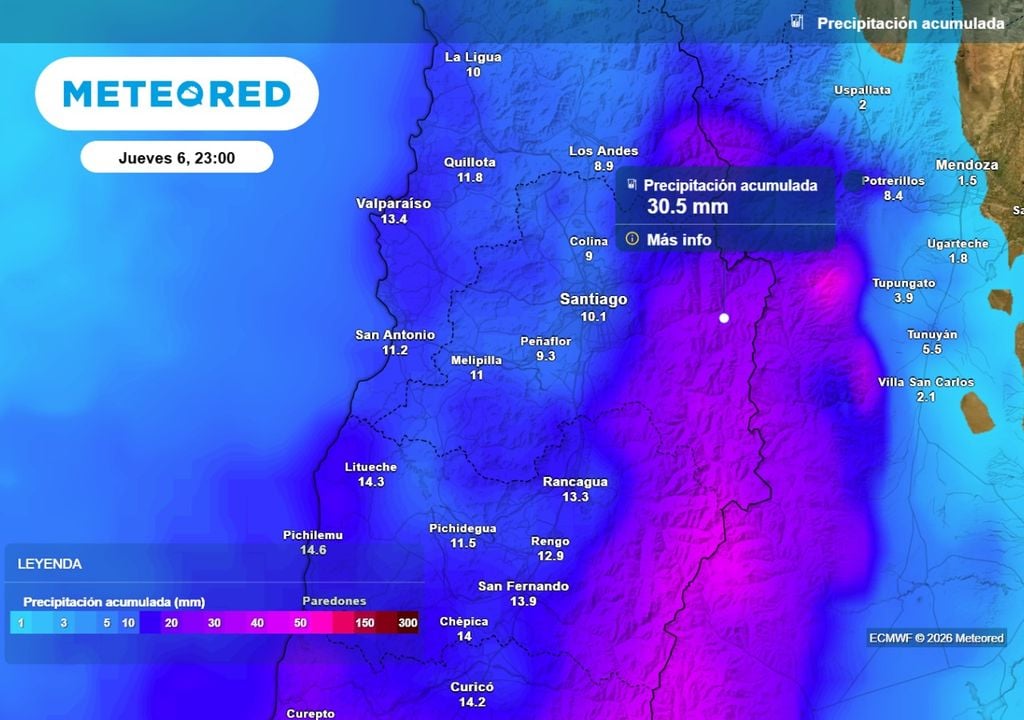 Acumulados ECMWF Si bien los acumulados no serán tan altos en el valle, hacia zonas cordilleranas podrían sumarse más de 30 mm de precipitaciones el jueves.