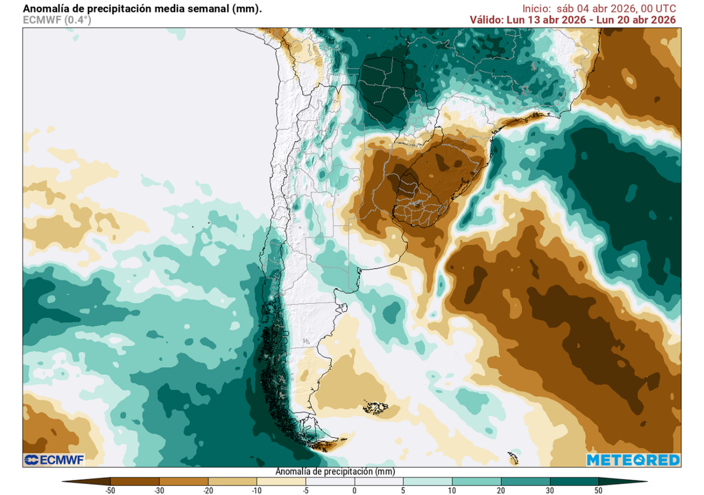 Pronóstico de Meteored para la segunda quincena de abril en Chile Anomalía de precipitación (mm) para la semana del 13 de abril 2026. Sobre los valores climatológicos normales (tonos verde), bajo los valores climatológicos normales (tonos marrón) y en torno a los valores climatológicos normales (color blanco).