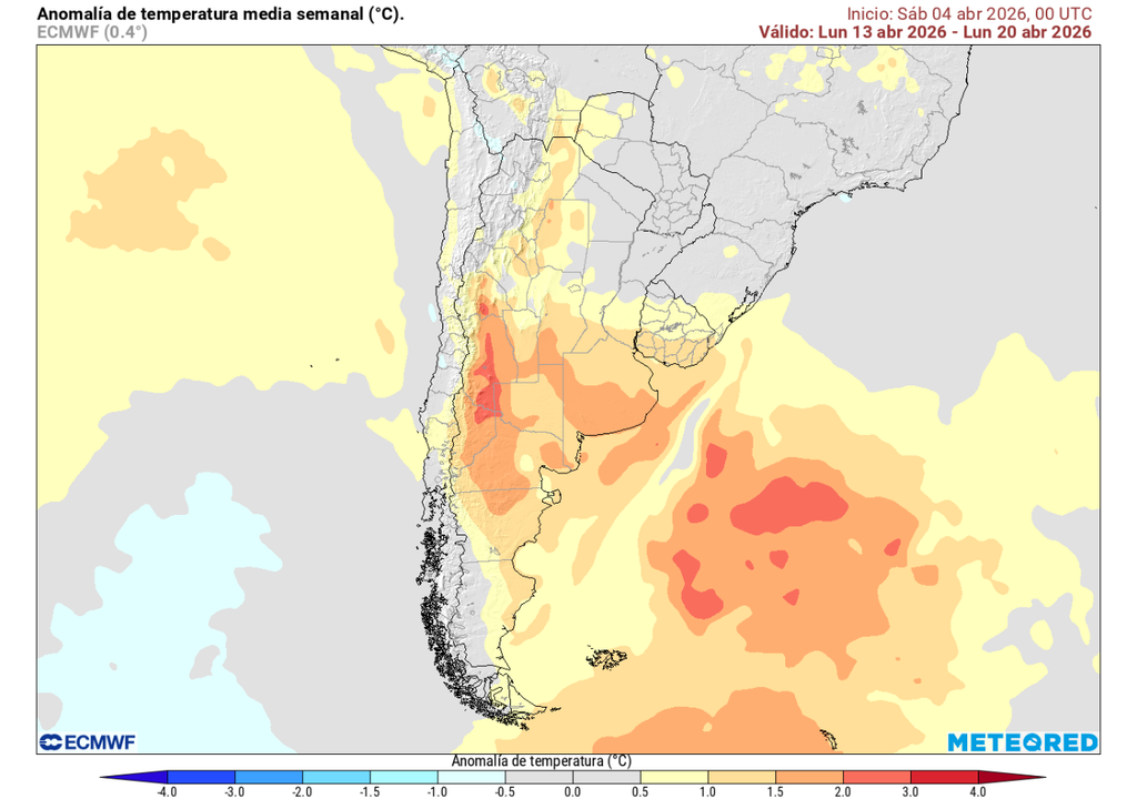 Pronóstico de Meteored para la segunda quincena de abril en Chile Anomalía de temperatura (°C) para la semana del 13 de abril 2026. Sobre los valores climatológicos normales (tonos rojo), bajo los valores climatológicos normales (tonos azul) y en torno a los valores climatológicos normales (color gris).