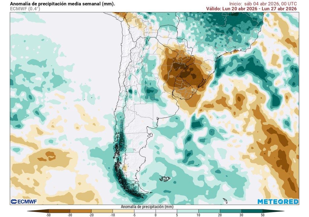 Pronóstico de Meteored para la segunda quincena de abril en Chile Anomalía de precipitación (mm) para la semana del 20 de abril 2026. Sobre los valores climatológicos normales (tonos verde), bajo los valores climatológicos normales (tonos marrón) y en torno a los valores climatológicos normales (color blanco).