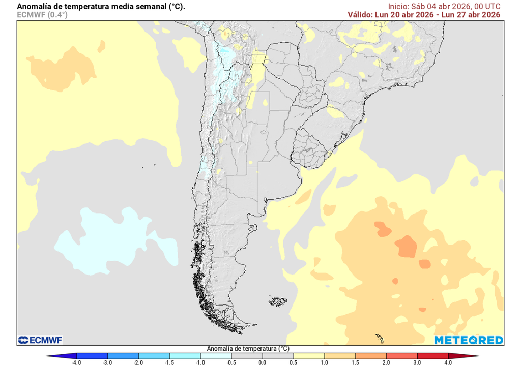 Pronóstico de Meteored para la segunda quincena de abril en Chile Anomalía de temperatura (°C) para la semana del 20 de abril 2026. Sobre los valores climatológicos normales (tonos rojo), bajo los valores climatológicos normales (tonos azul) y en torno a los valores climatológicos normales (color gris).