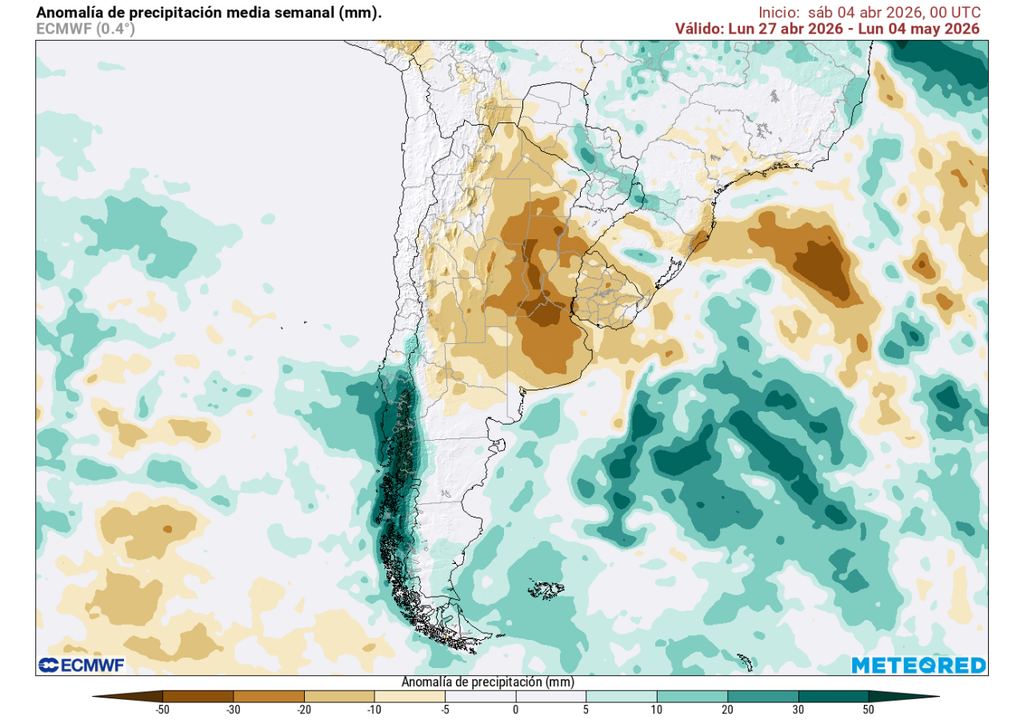 Pronóstico de Meteored para la segunda quincena de abril en Chile Anomalía de precipitación (mm) para la semana del 27 de abril 2026. Sobre los valores climatológicos normales (tonos verde), bajo los valores climatológicos normales (tonos marrón) y en torno a los valores climatológicos normales (color blanco).
