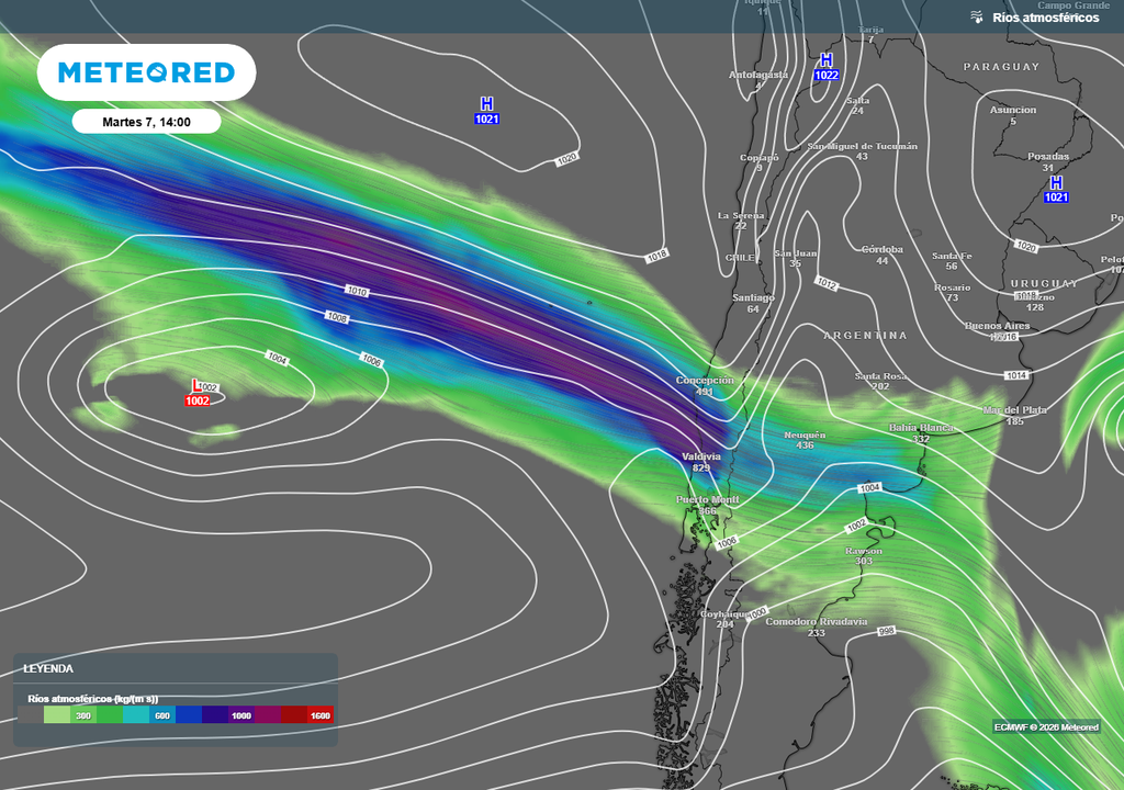 Sistemas frontales llegarían con río atmosférico a Chile centro-sur Las lluvias serán intensas en algunos sectores del centro-sur de Chile.