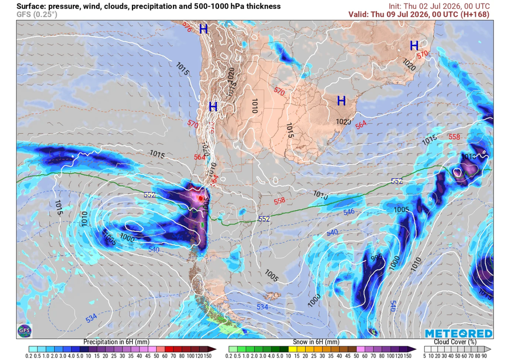 Al menos 2 sistemas frontales llegarían la próxima semana a Chile centro-sur Precipitación (mm) para la noche del miércoles (08) en el centro-sur de Chile.