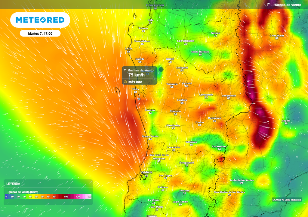 Rachas de viento de 70 km/h se esperan para la próxima semana en Chile centro-sur Rachas de viento (km/h) para la tarde del martes (07) en Chile centro-sur.