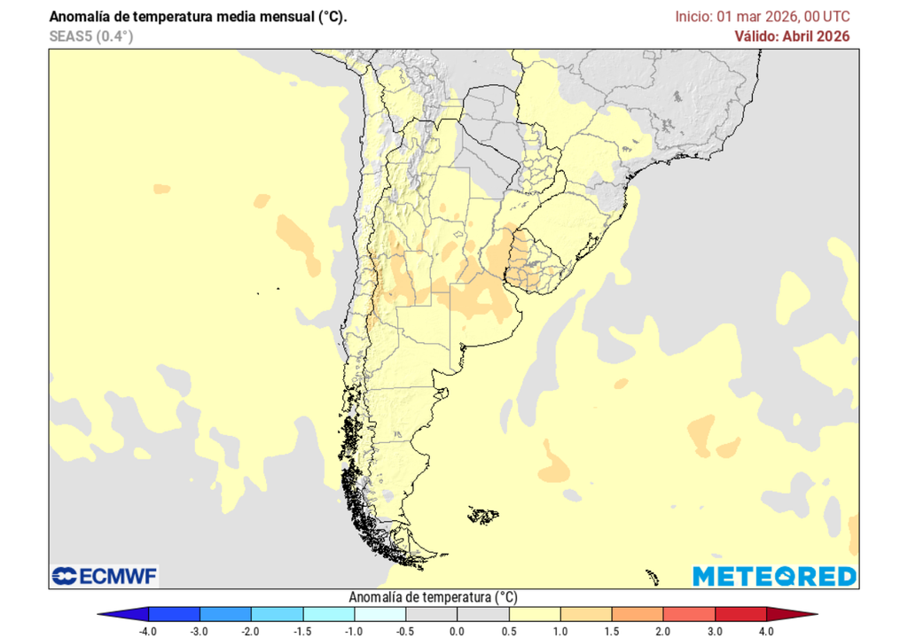 Anomalía media mensual de temperatura (°C). Sobre los valores climatológicos normales (tonos rojo), bajo los valores climatológicos normales (tonos azul) y en torno a los valores climatológicos normales (color marrón).
