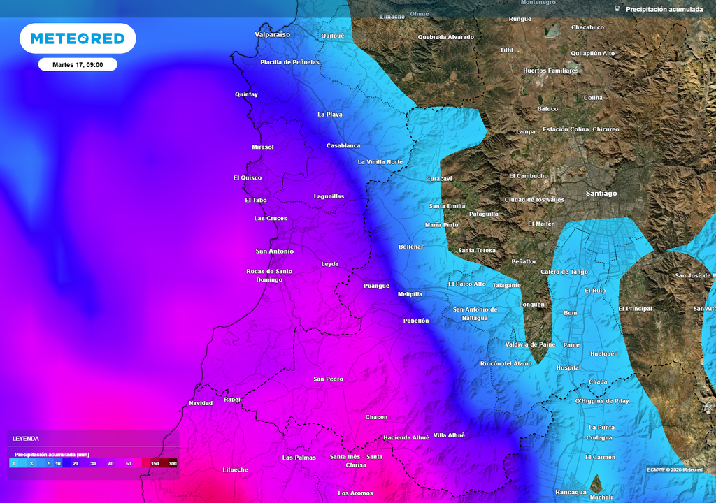 precipitación acumulada prevista El frente se mantendrá activo durante el comienzo de la nueva semana. Sus lluvias se extenderían hasta la madrugada del día martes 17 de marzo.
