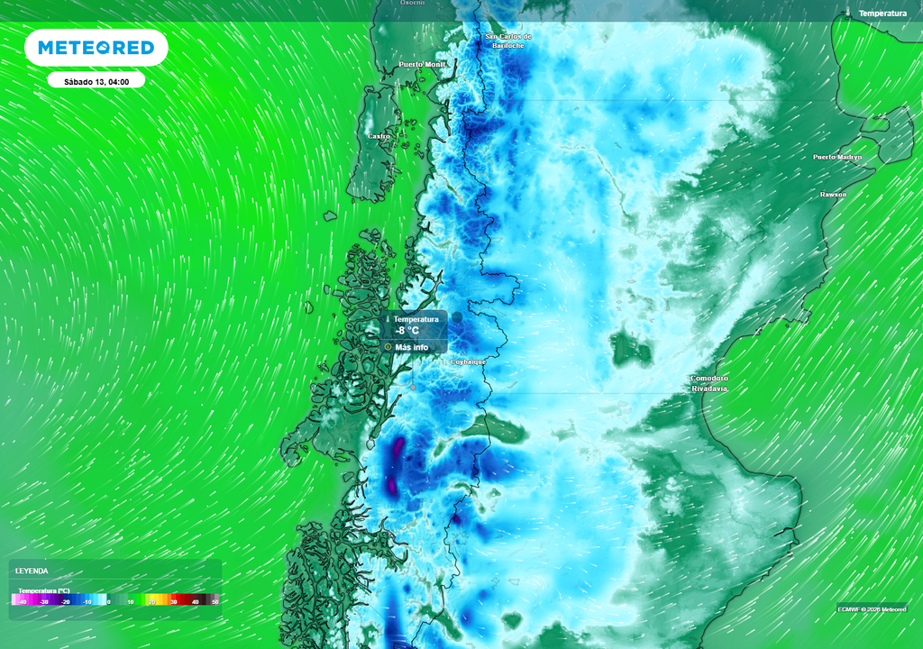 Temperaturas cercanas a 0 °C y bajo cero se proyectan para la Patagonia durante la madrugada del sábado, con aire frío dominando entre Aysén y Magallanes.