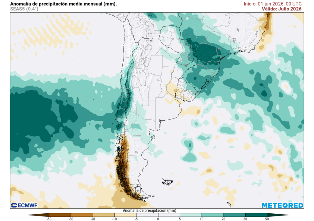 Pronóstico de Meteored para el mes de julio, precipitación y lluvias Anomalía de precipitación (mm) para julio 2026. Sobre los valores climatológicos normales (tonos verde), bajo los valores climatológicos normales (tonos marrón) y en torno a los valores climatológicos normales (color blanco).