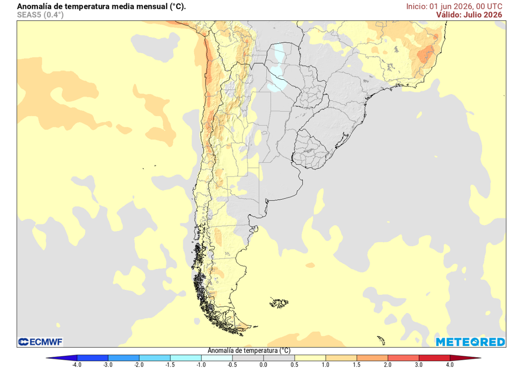 Pronóstico de Meteored para julio 2026 en Chile, altas temperaturas Anomalía de temperatura (°C) para julio 2026. Sobre los valores climatológicos normales (tonos rojo), bajo los valores climatológicos normales (tonos azul) y en torno a los valores climatológicos normales (color gris).