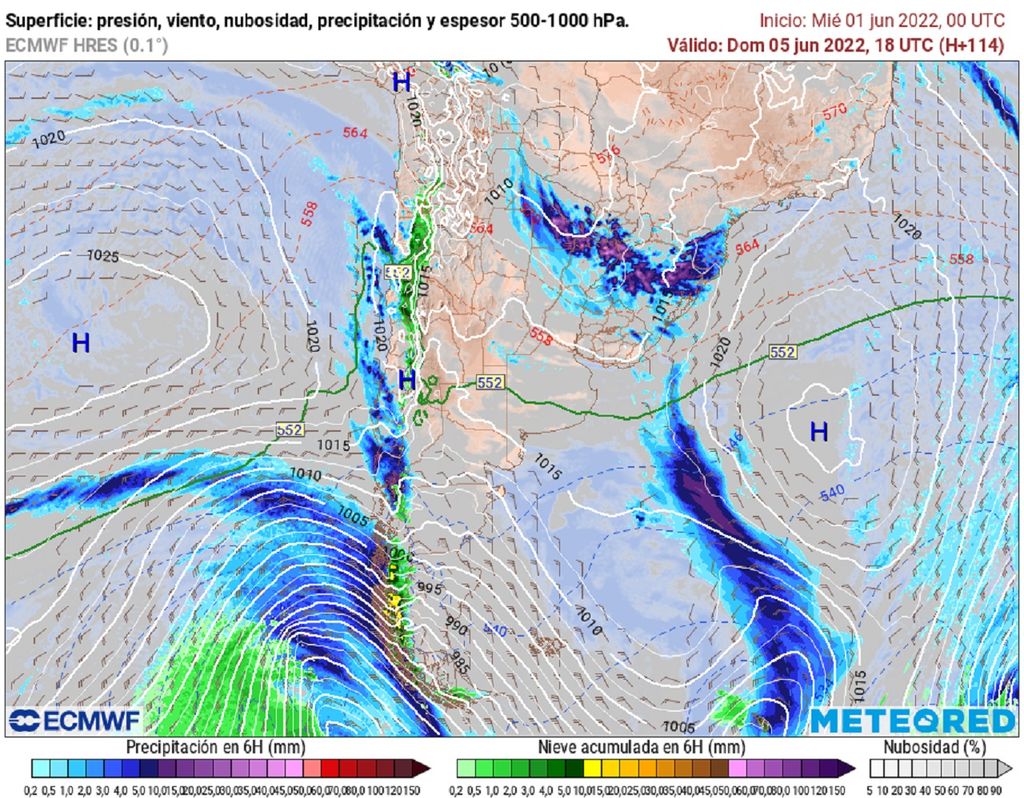 presión y precipitaciones previstas; modelo ECMWF presión y precipitaciones previstas; modelo ECMWF