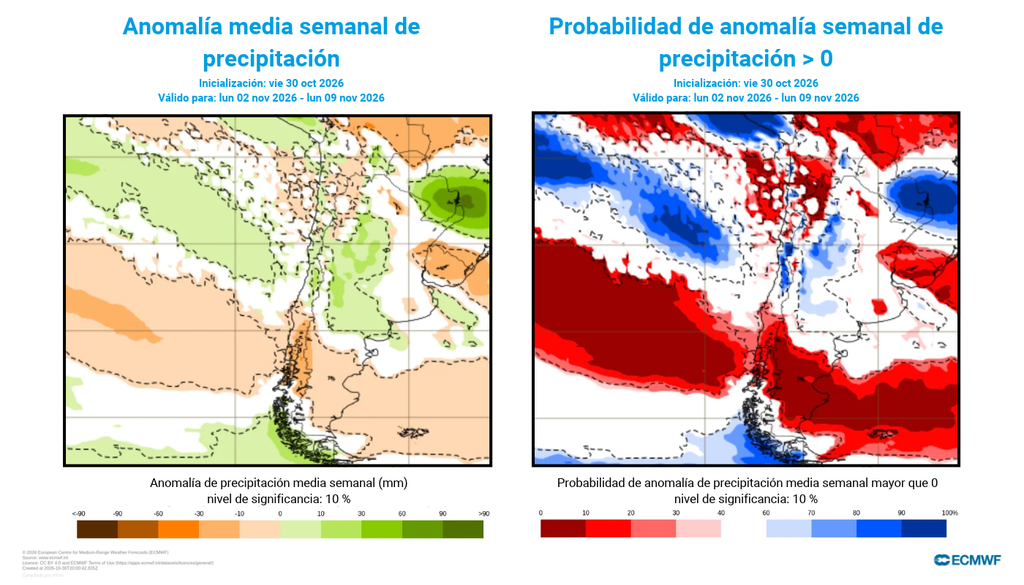 anomalía de precipitación Las precipitaciones se concentrarán con más abundancia sobre el centro y el extremo más austral de Chile durante la próxima semana.