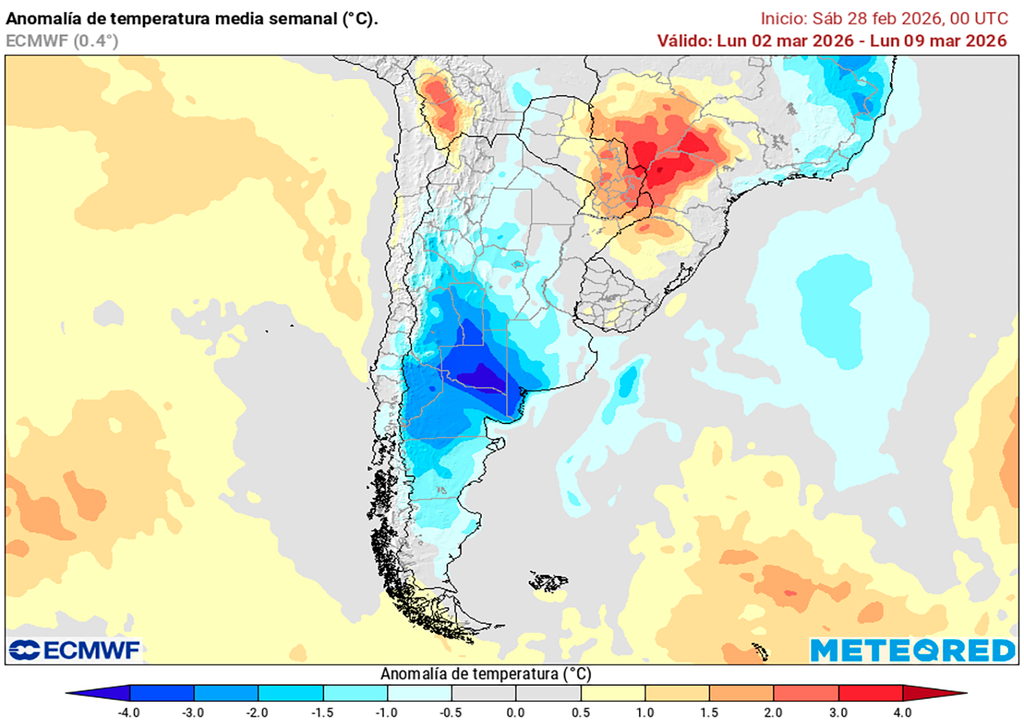 Anomalía de temperatura prevista para los próximos 7 días según el modelo ECMWF