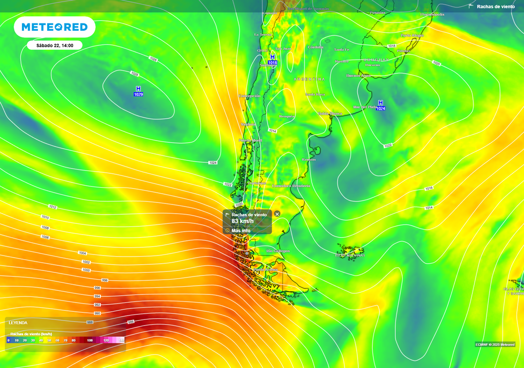 mapa de ráfagas de viento.