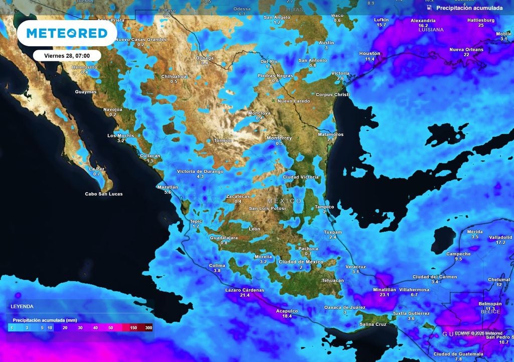 Lluvias y tormentas de forma aislada se prevé en el país, resaltando en estados de occidente, centro, sur, oriente y sureste con más de 30-50 mm, menores en el norte.