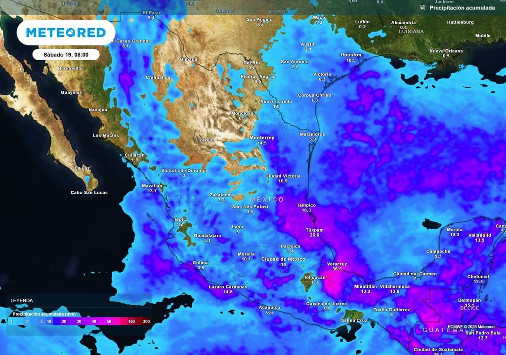 Pronóstico de lluvias acumuladas en milímetros La humedad del Golfo seguirá favoreciendo lluvias que se extendería al centro, sur y occidente superando 50-70 mm.