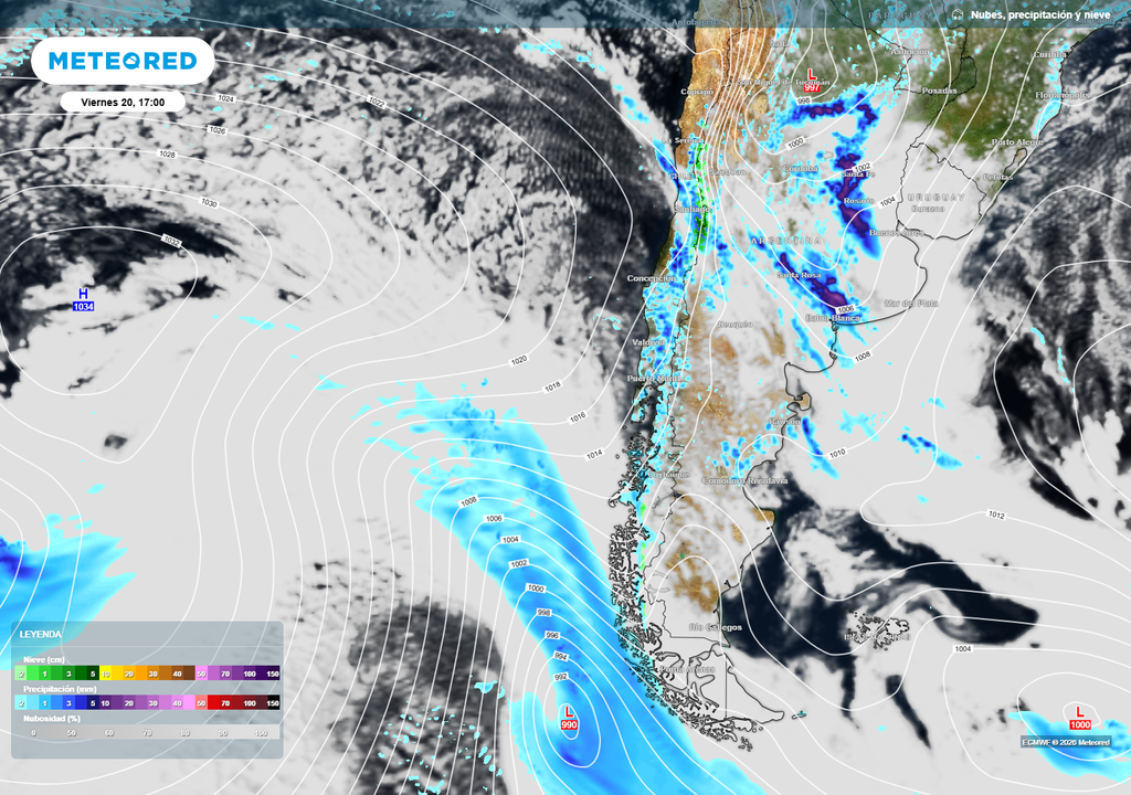 Mientras los restos de la banda frontal estará dejando precipitaciones en el centro norte del país en día viernes, la inestabilidad del postfrontal estará instalada en el centro sur y sur de Chile. Un nuevo sistema frontal tocará desde la tarde del viernes la Patagonia, avanzando hacia las regiones del sur y centro en el fin de semana.