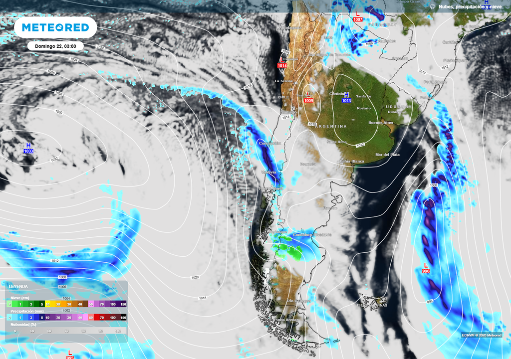 En la madrugada del domingo (22) el frente ya habrá ingresado con precipitaciones al centro sur de Chile.