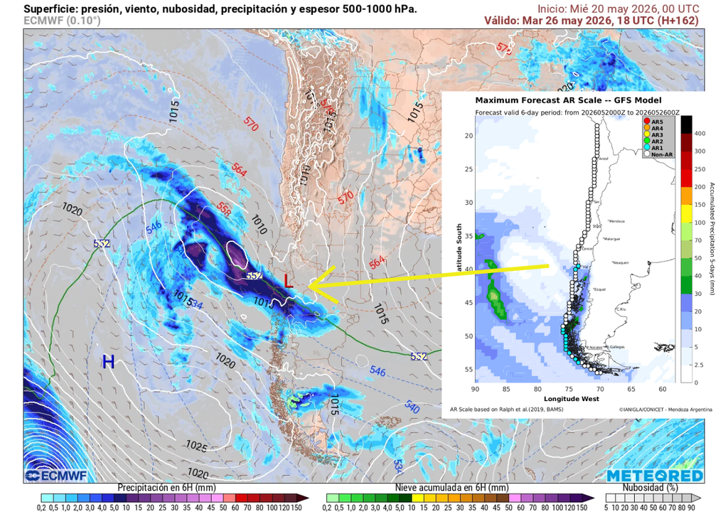 sistema frontal y río atmosférico previsto Los modelos apuntan la llegada de un sistema frontal acoplado a un río atmosférico de categoría 1 durante la próxima semana.
