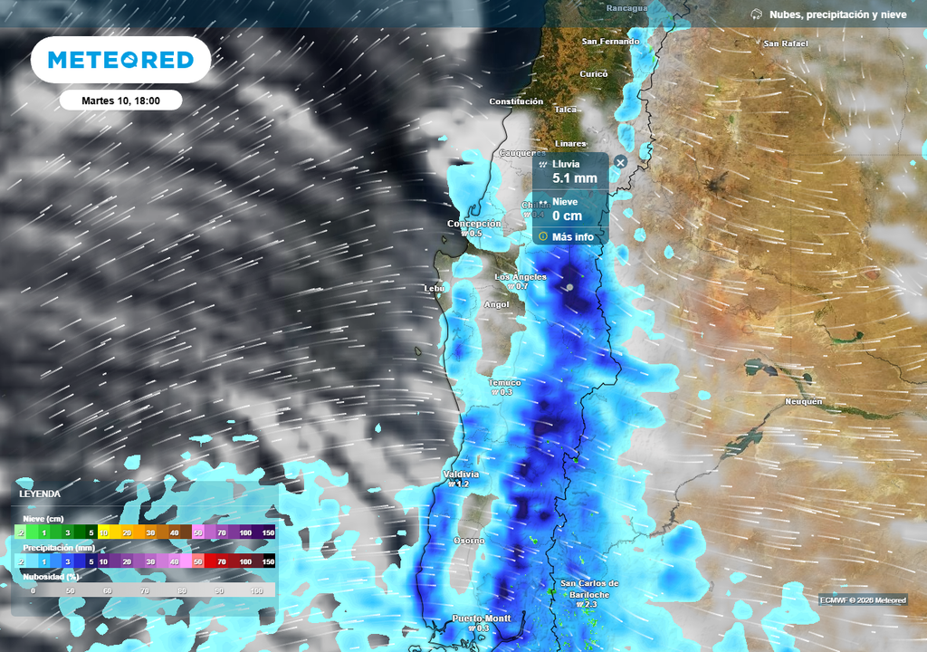 Precipitación (mm) para la tarde del martes 10 de febrero 2026 en Chile centro sur.