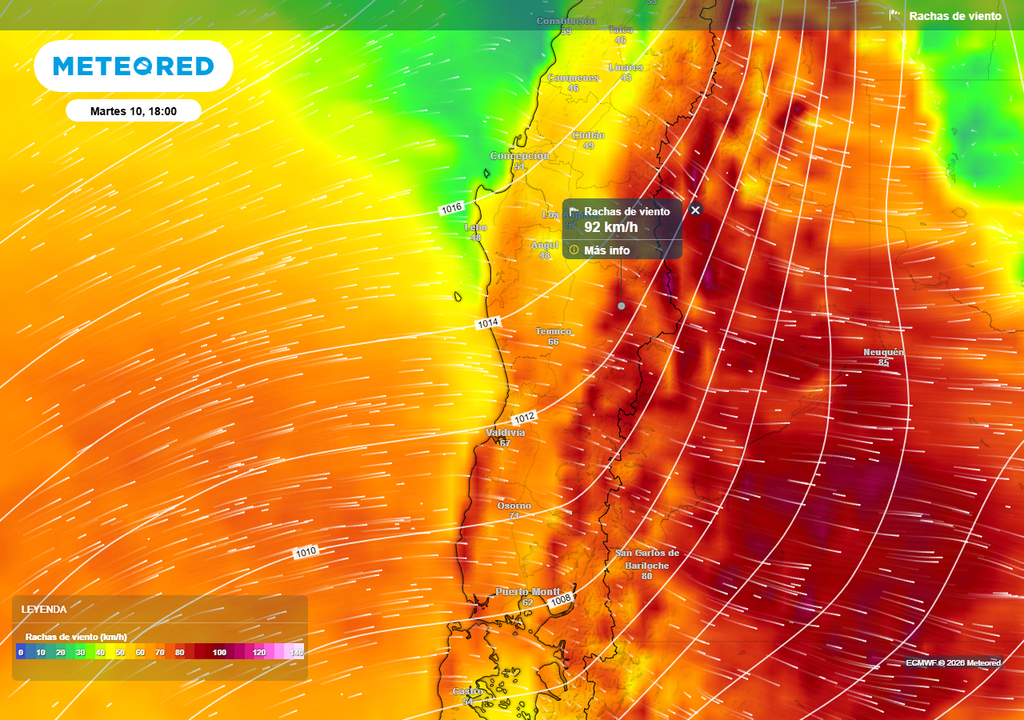 Rachas de viento (km/h) para la tarde del martes 10 de febrero 2026 en Chile centro sur.
