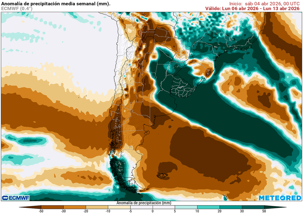 Lluvia, Tormenta, Alerta, Buenos Aires, Córdoba, Litoral, Argentina, Pronóstico, Clima, Tiempo, Frío Anomalía de precipitaciones prevista para los próximos 7 días según el modelo ECMWF