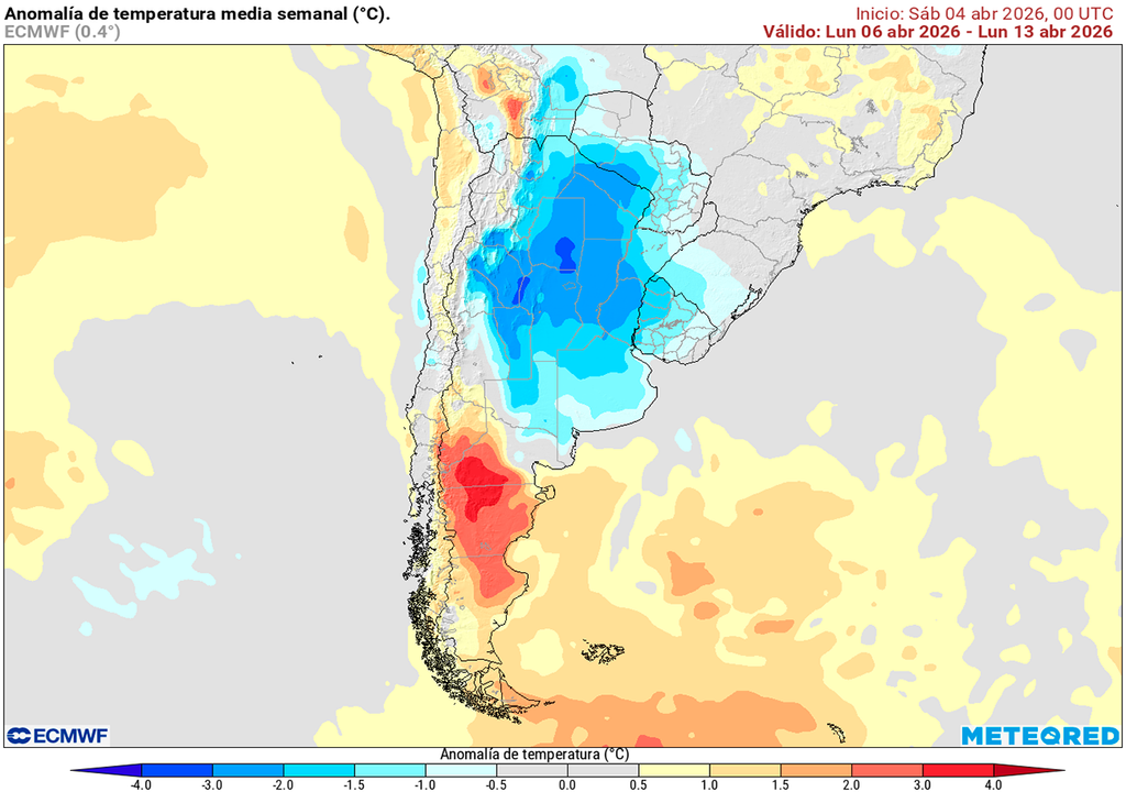 Lluvia, Tormenta, Alerta, Buenos Aires, Córdoba, Litoral, Argentina, Pronóstico, Clima, Tiempo, Frío Anomalía de temperatura prevista para los próximos 7 días según el modelo ECMWF