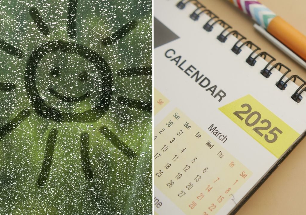 calendario de marzo 2025 y sol feliz hecho en una ventana con gotas de lluvia