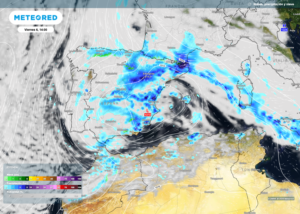 Entre hoy y mañana una borrasca dejará numersas lluvias en la España peninsular y Baleares.