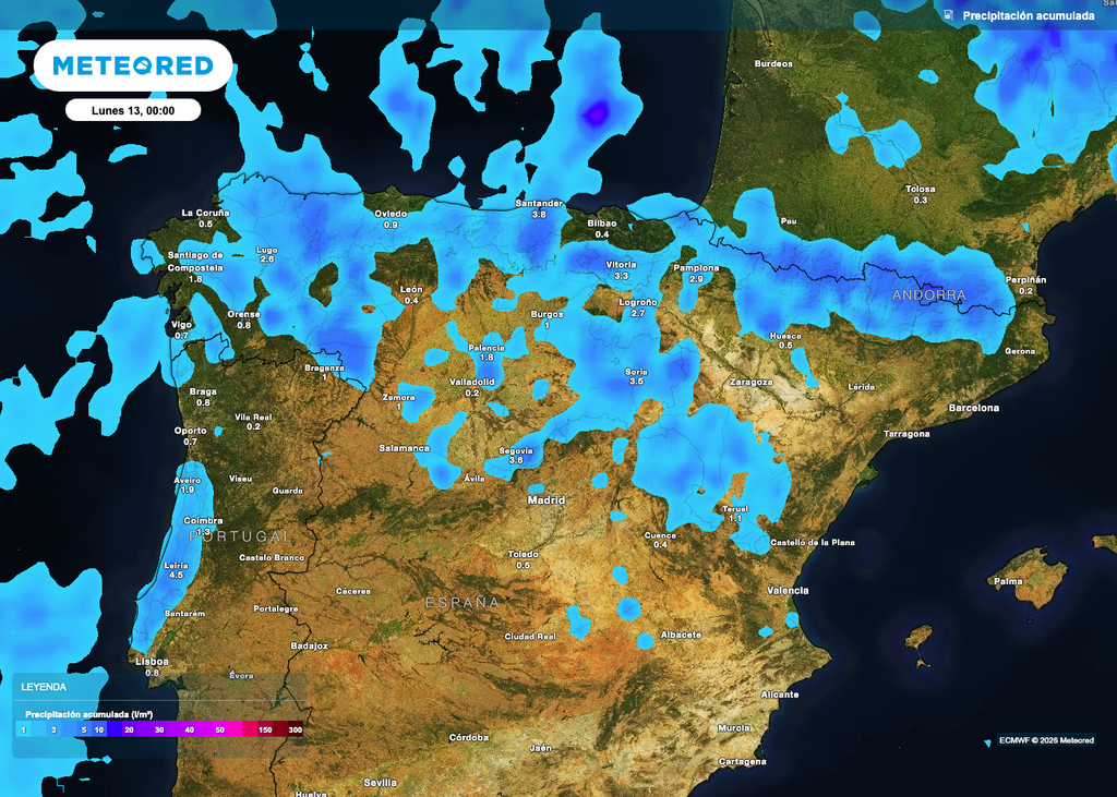 Precipitaciones acumuladas hasta la noche del domingo.