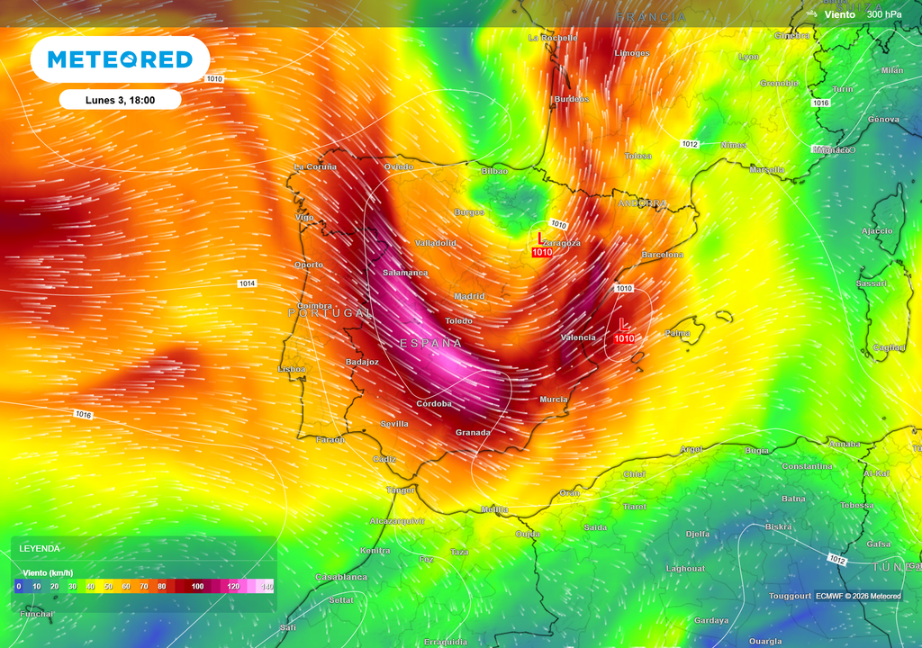 Mapa de geopotencial a 300 hPa, unos 9000 m. La vaguada cruza nuestro territorio entre el lunes y el martes.