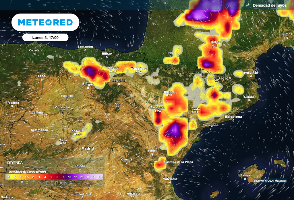 Durante la tarde del lunes, se generarán nuevas tormentas por el noreste peninsular.