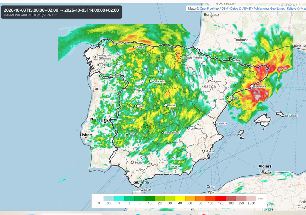 Los acumulados de precipitación hasta el próximo lunes muestras picos de intensidad de más de 40-60 l/m2 y ampliamente superiores en Cataluña. Fuente AEMET.