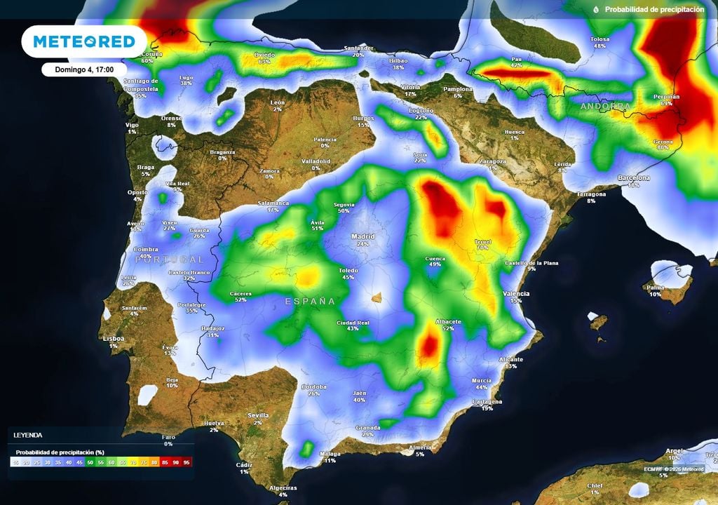 Esta tarde la probabilidad de lluvia será muy alta en el Cantábrico oriental, noreste de Cataluña y en el interior oriental de la península.