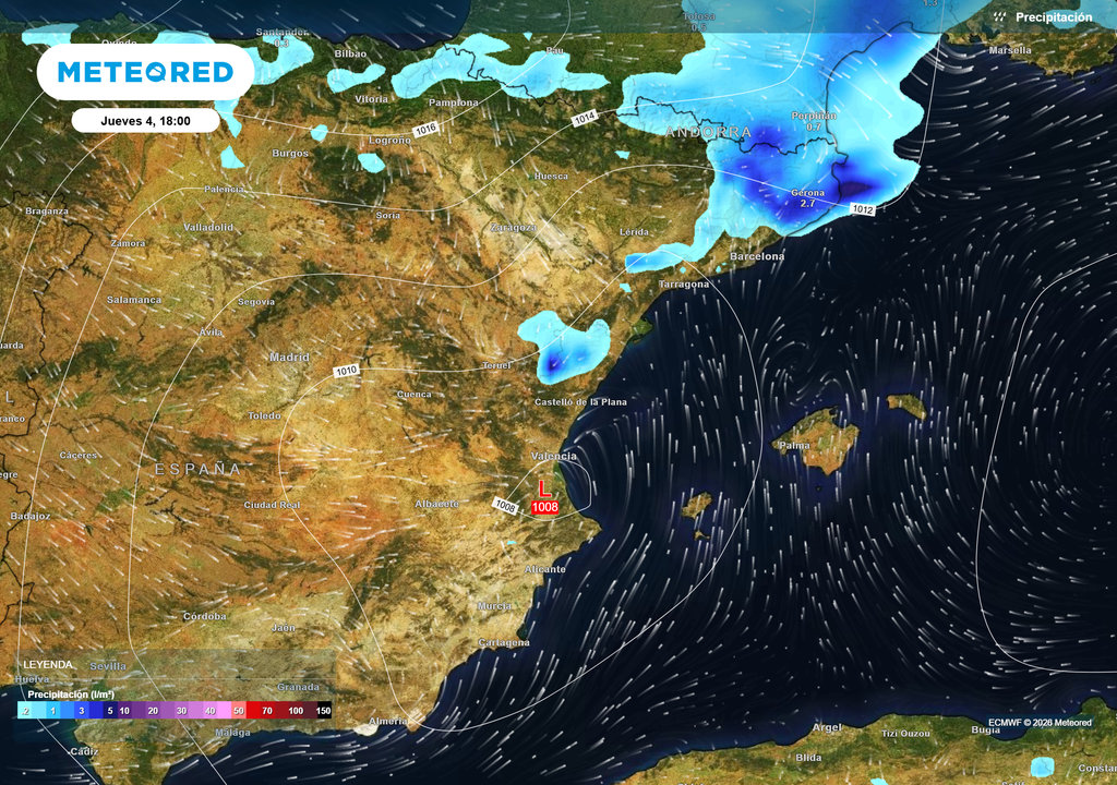 Las tormentas volverán a hacer acto de presencia en provincias como Castellón o la comunidad de Cataluña, pudiendo ser fuertes en esta última, con un flujo de sureste impulsado por la baja.