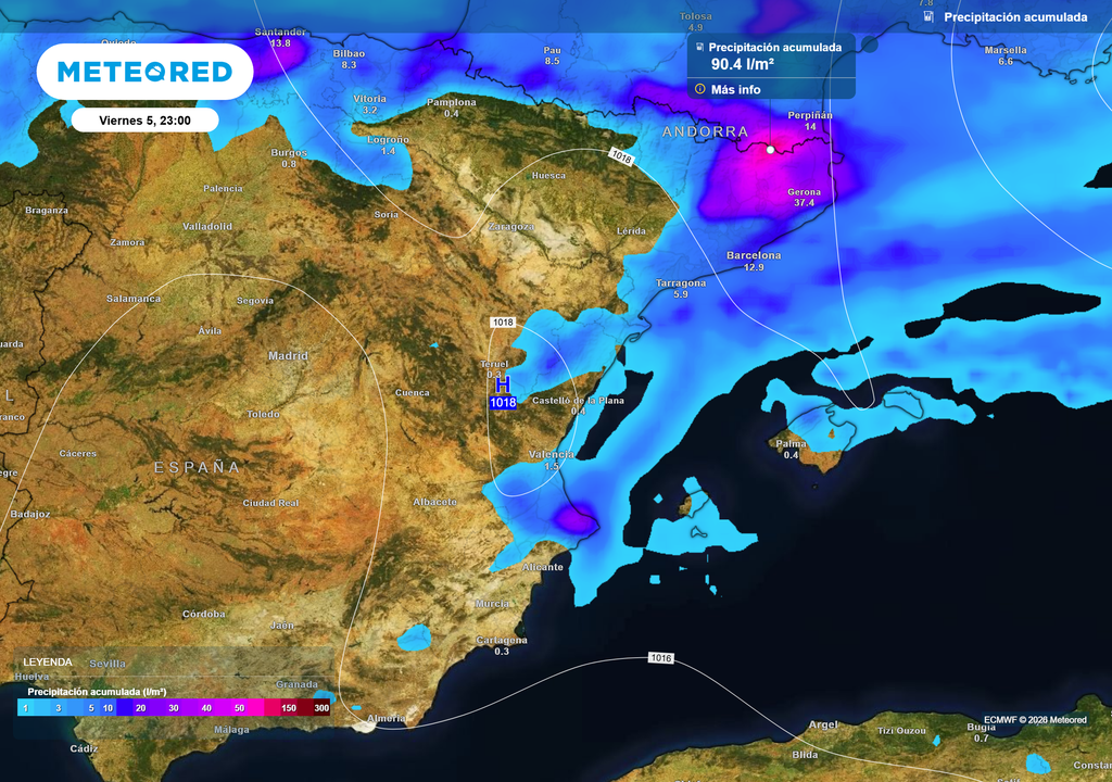 Precipitación acumulada prevista en las comunidades mediterráneas desde hoy hasta el próximo viernes, según el modelo europeo.