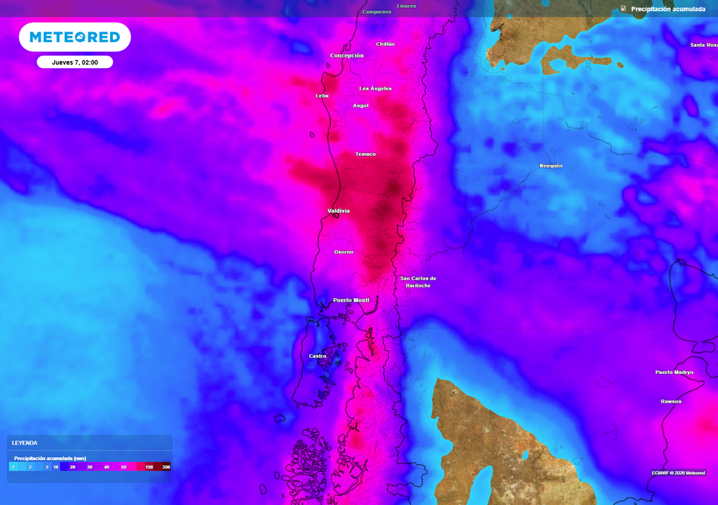 Acumulados significativos se proyectan en el centro y sur: con montos que podrían acercarse a los 100 mm, con mayor concentración en La Araucanía y Los Ríos.