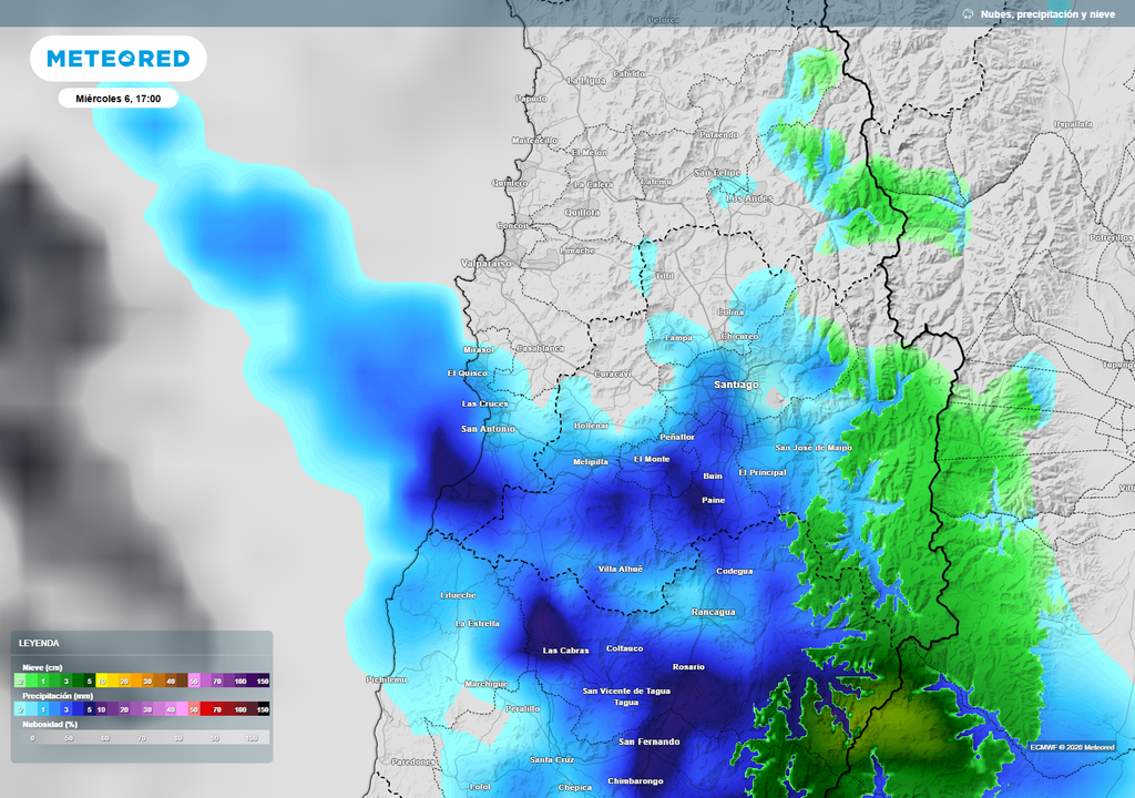 Precipitaciones avanzando hacia la zona central durante la tarde del miércoles 6, alcanzando sectores de O’Higgins y aproximándose a Valparaíso y a la Región Metropolitana.