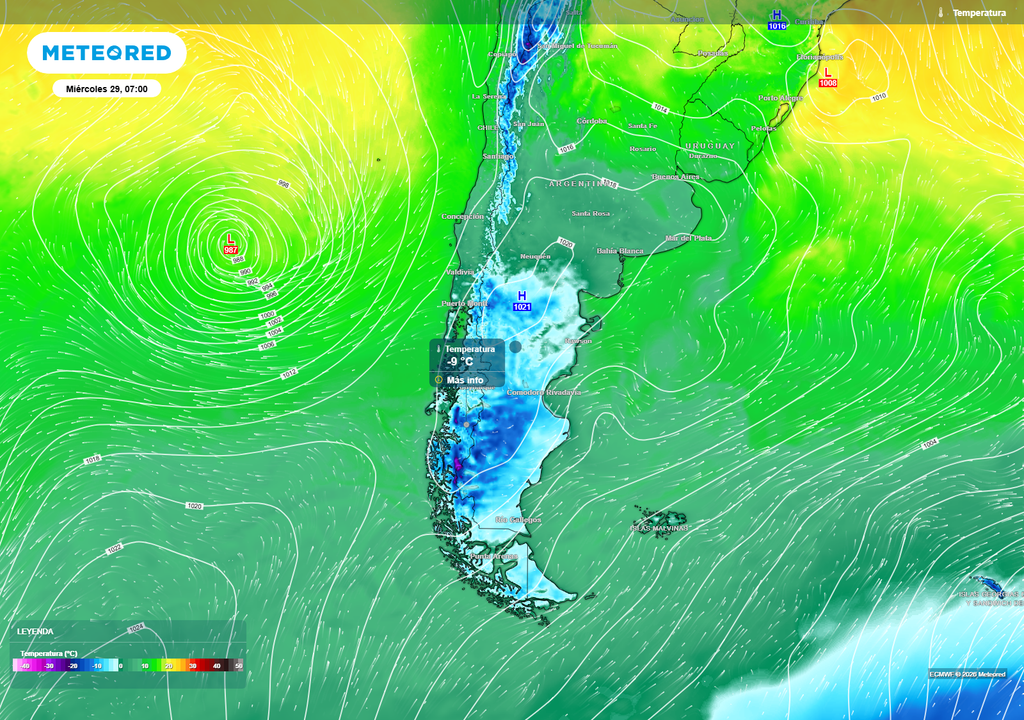 El ingreso de una alta presión fría favorecerá heladas intensas en el sur austral, con mínimas de hasta -9 °C en la Patagonia.