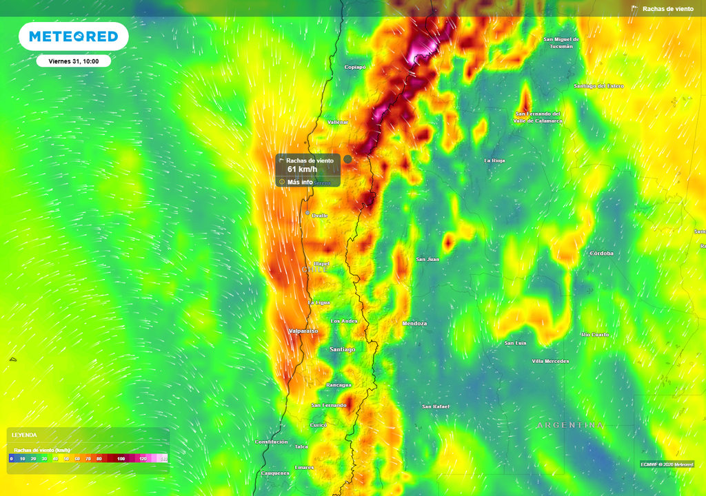 El viernes 31 concentraría rachas de viento intensas, especialmente entre Coquimbo y Biobío, con hasta 80 km/h en sectores cordilleranos.