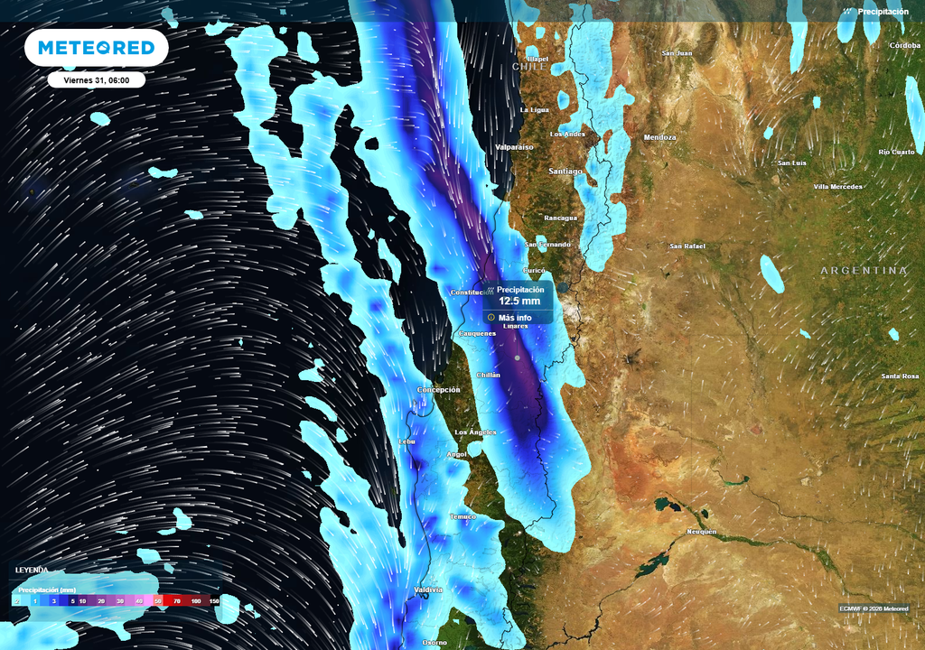 El sistema frontal dejará precipitaciones abundantes entre Maule y Biobío, con acumulados que podrían alcanzar entre 30 y 55 mm, especialmente en sectores del valle y la precordillera.