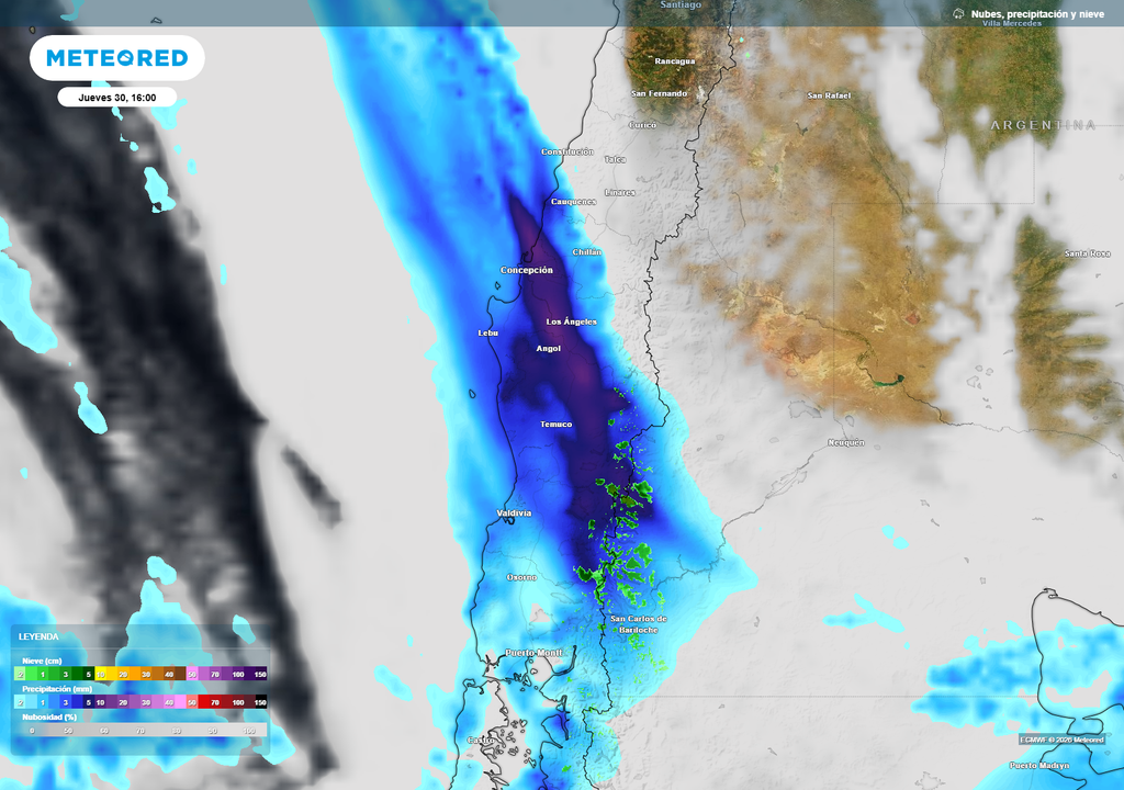La Araucanía y Los Ríos concentrarán importantes montos de lluvia el jueves, mientras que en la cordillera se proyectan nevadas de hasta 10 cm.