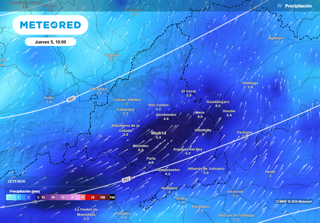 Mañana por la mañana llegará la banda de lluvia más activa a la Comunidad de Madrid.